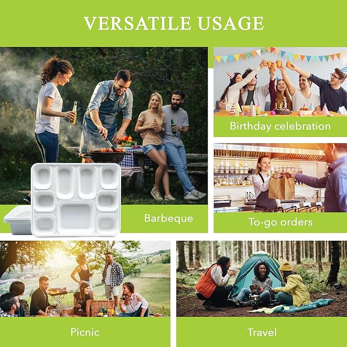 three leaf 9 COMPARTMENT BAGASSE RECTANGULAR PLATE, 25 Ct. Heavy-Duty- Super Strong- Natural- Eco-Friendly Disposable Bagasse Plates, 100% Biodegradable 9 compartment plates