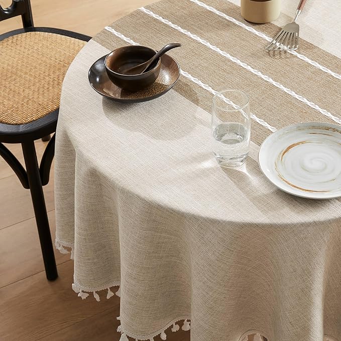ZeeMart Contrast Linen Round Tablecloth 52 Inch Brown, Farmhouse Style Round Table Cloth Heavy Weight Beige Tablecloths, Water Resistant Burlap Table Cloths