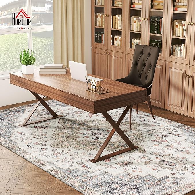 HOMCOM Washable Area Rug, 8'x10' Vintage Indoor Distressed Carpet, Retro Floor Cover Foldable, Floral Print Mat for Living Room, Bedroom, Dining Room, Brown and Green