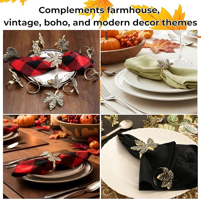 ALPHA Living HOME 12-Piece Metal Napkin Rings - Antique Gold Harvest Leaf Napkin Rings - Decorative Table Accents for Holiday Party, Dinner, Family Gatherings, Table Décor Weddings & Everyday Use