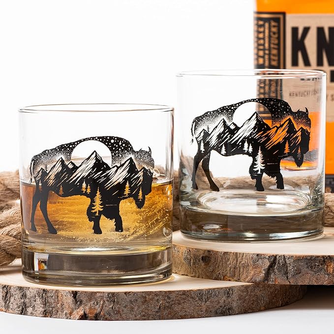 Black Lantern Buffalo Landscape Whiskey Glass Set Set of 2 11oz Heavy Base Glasses for Bourbon, Scotch & Cocktails | Gift for Outdoor Enthusiasts