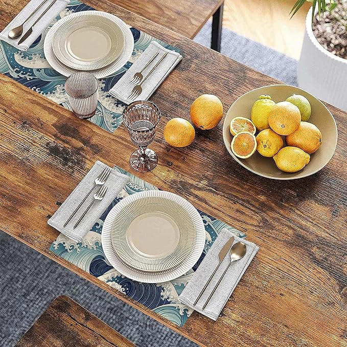 Table Placemats Set of 6, Waterproof Linen Fabric, Non-Slip Backing & Easy Clean, Elegant Dining Table Protectors for Family and Guests(Japanese Waves)