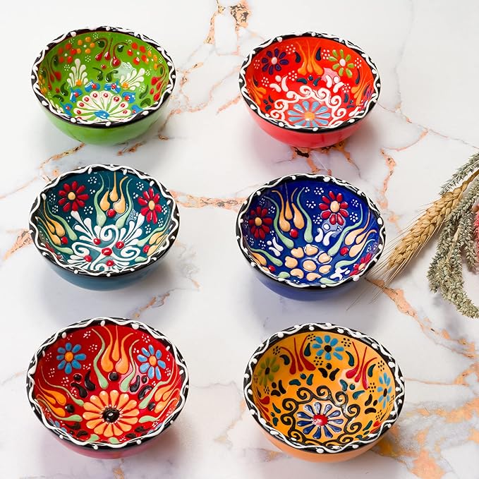 BCS Ceramic Pinch Bowls Set of 6, Small Bowls for Dipping - Cooking Prep & Charcuterie Board, Soy Sauce Dish, Multicolor Handmade Decorative Serving Dishes (3.2'' - 3 oz)