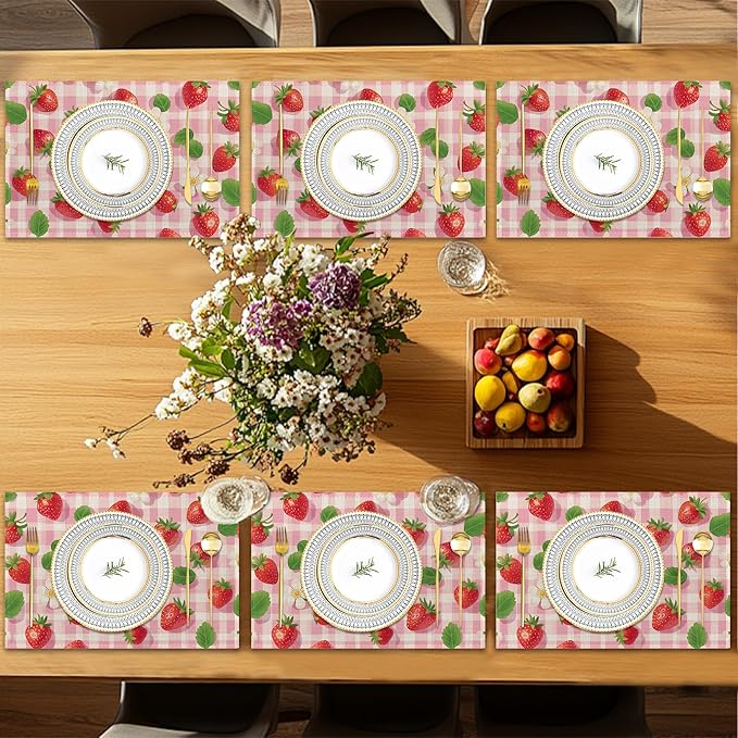 Placemats12x18 Inch,Pink Plaid Placemats,Strawberries Kitchen Dining Coffee Table Mats Set of 6 for Home Indoor Outdoor Party