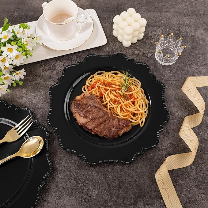 COLOSUS 60pcs Black Plastic Party Dinner Plates - 9.5 Inch- Heavy Duty Disposable Plastic Dinner Plates for Party Wedding Birthday and Everyday Use
