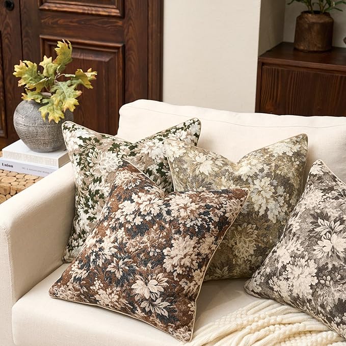 Yangest Neutral Floral Pillow Cover 18 x18 Inches, Vintage Chenille Square Throw Pillow Cover Soft Decorative Farmhouse Accent Couch Pillow Cover for Living Room Bedroom, Grey