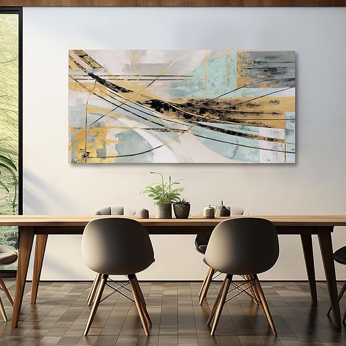 Abstract Wall Art Framed Wall Decor Modern Canvas Abstract Wall Art Black-Gold and Blue Grey Abstract Artwork for Living Room Bedroom Dining Room Home Office Decor 20"x40"