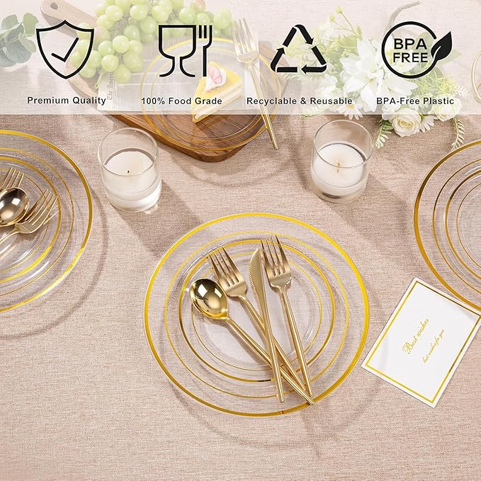 I00000 100Pcs Small Clear Gold Dessert Plates,Clear Disposable Plates with Gold Rim 7 Inch,Premium Hard Fancy Small Plate,Perfect for Birthday, Wedding & Party