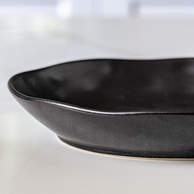 Ceramic Bowls Set of 2, Handcrafted Ceramic Plates Set | 10" Oval Serving Dishes Bowls | Large Serving Bowl Wide Shallow Bowl for Pasta, Salad, Cereal, Soup & Microwave & Dishwasher Safe, Matte Black