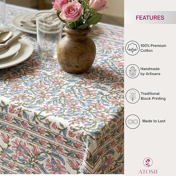 ATOSII Kalina 100% Cotton Fall Rectangle Tablecloth, Handblock Print Floral Table Cloth for Kitchen Dining Linen I Weddings Outdoors Easter Spring Summer I 72 X 108 Inches I 8 Seater