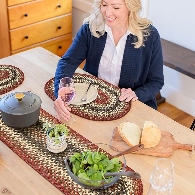 Homespice Chester Jute Braided Table Runner, Rustic Cabin Decor, Set of 2, Red Oval 8x28 - Rich Colors, Easy to Clean, Durable and Protects Furniture