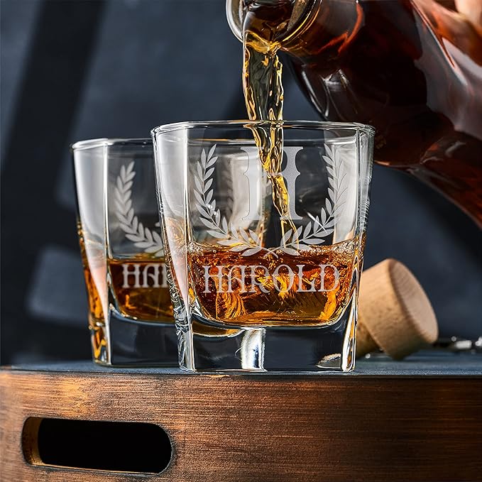 Customization Mill Set of 2, Monogrammed Whiskey Rocks Glasses w/ Name & Initial - Gifts for Men 9 Designs Personalized Bourbon Custom Birthday Dad, Old Fashioned Scotch
