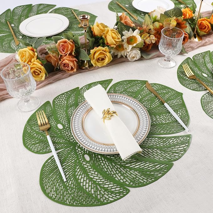Evevda Green Leaf Shaped Vinyl Placemats for Dinner Table Set of 4 Plastic Green Place Mats Wipeable 6Pcs Table Mats for Wedding Annersary Dinner Table Decoration Mats