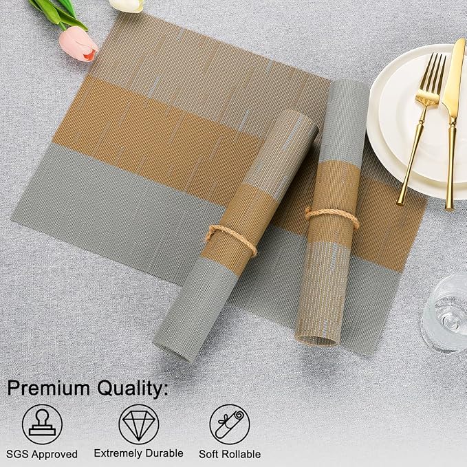 Placemats Set of 8, Vinyl Woven Place Mats Indoor Set of 8 Washable Wipeable PVC Table Mats Heat-Resistant Non Slip Placemat for Kitchen Dining Outdoor Table (Gray Light Brown, Set of 8)