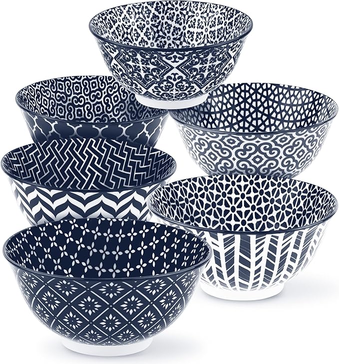 KooK Cereal Bowls, Ceramic Make, Vibrant Color, Multi Color Designs, Bowls for Thanksgiving, Christmas and Kitchen Perfect for Soup, Pasta, Salad, Ice Cream, Blue And White Set of 6, 18oz (Navy)