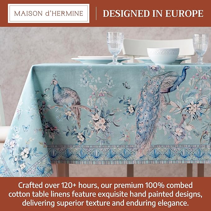 Maison d' Hermine Premium Table Cloth Square Table 100% Combed Cotton 70 x 70 Inches Tablecloth Reusable Decorative for Dining Room, Home, Party, Festive & Wedding - Peacock Utopia - Pastel Turquoise