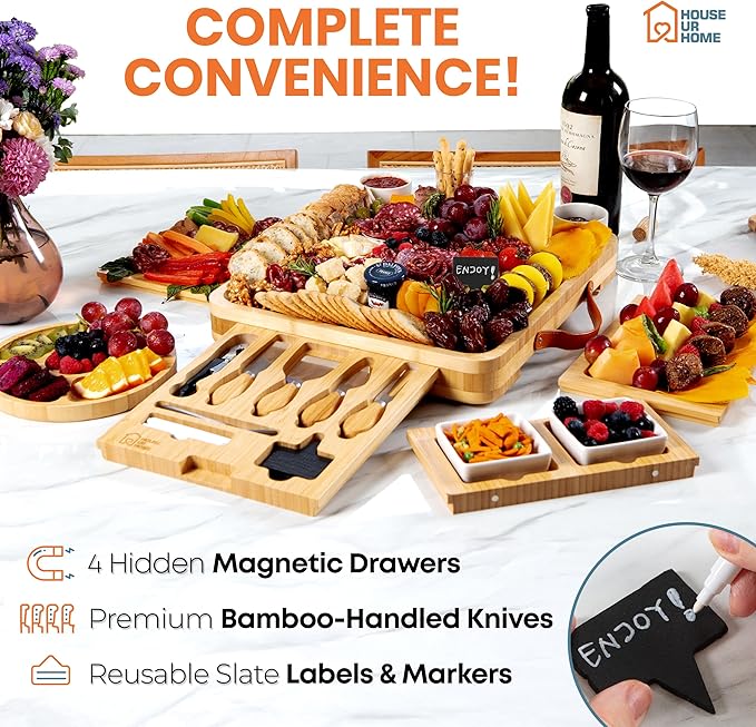Bamboo Charcuterie Board Set - Large Cheese Platter with Knives & Bowls - Valentine’s Day Gift for Her, Mom or Girlfriend - Great Wedding, Housewarming & Birthday Gift Idea