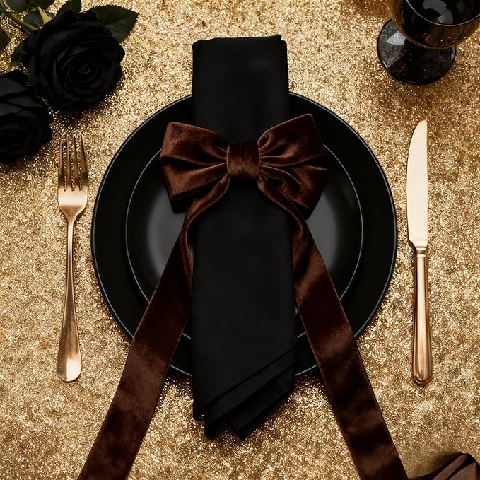 Bow Napkin Rings Set of 6 Luxury Soft Brown Velvet Napkin Holders, Elegant Bow Design for Christmas Holiday Dinner Wedding Party Table Decor