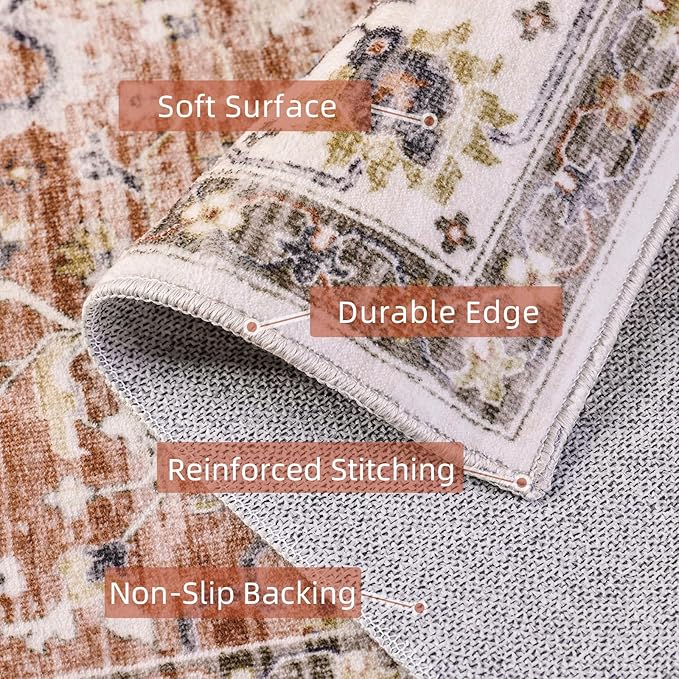 Deerly Large 5x8 Rugs for Dining Room Machine Washable Rugs Boho 5x8 Rug for Living Room Carpet Non-Slip Family & Pet Friendly Area Rugs Print Floor Rug(Border Brick Red 5x8ft)