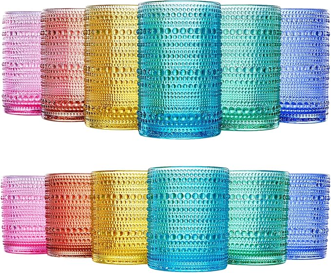 Khen Hobnail Beaded Highball Drinking Tumbler Glasses | Set of 12 | Color, Vintage Bubble Design Whiskey Glassware, Old-Fashioned, Embossed Design for Water, Wine, Cocktail Embossed, Rocks Glass