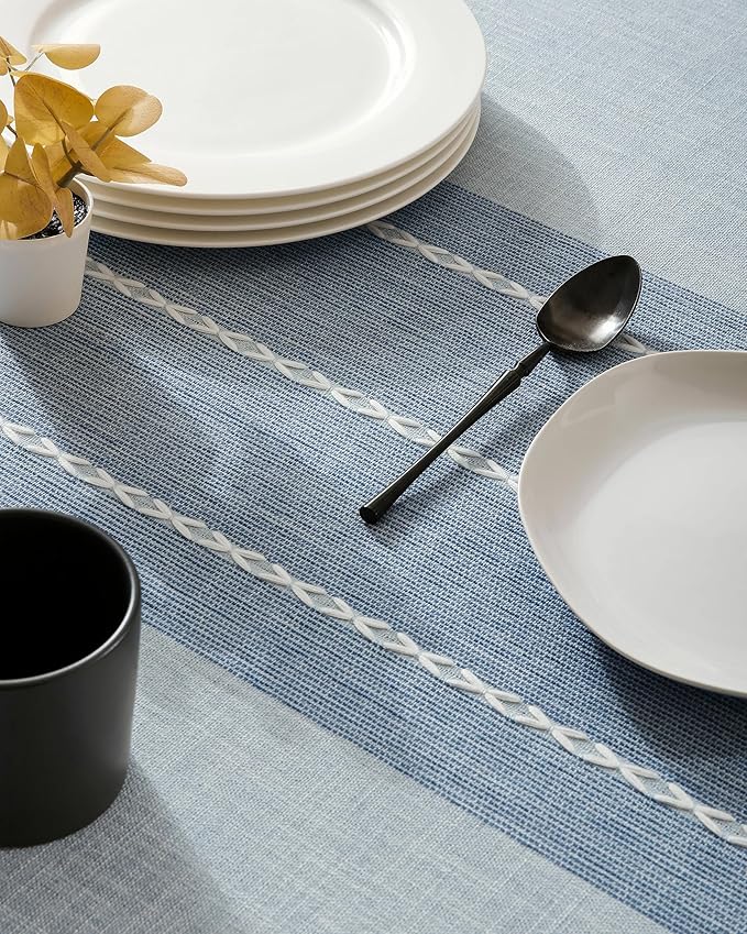 ZeeMart Contrast Linen Table Cloth Rectangle Table Cloths 60x84 Inch Blue, Farmhouse Style Heavy Weight Blue Tablecloth, Water Resistant Burlap Tablecloths