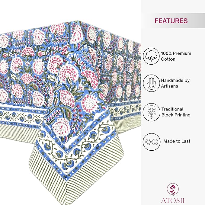 ATOSII Clover Pink 100% Cotton Fall Tablecloth, Handblock Print Rectangle Table Cover for Kitchen Dining Linen I Parties, Weddings, Outdoors, Easter Table Cloth Decor 60 X 90 Inches I 6 Seater