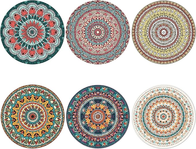 Mandala Pattern Coasters Leather Round Drink Coasters 6 Pcs Set with Holderor for Cup Drink Coffee Table Bar Home Decor