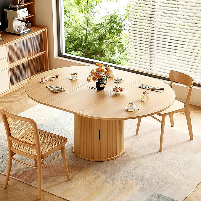 Extendable Round/Oval Dining Table Seats 2-4-6, 59" Modern Farmhouse Design with 2-Tier Storage & Fluted Slide Door, Dining Room Kitchen Furniture (Oak, 59 inches)
