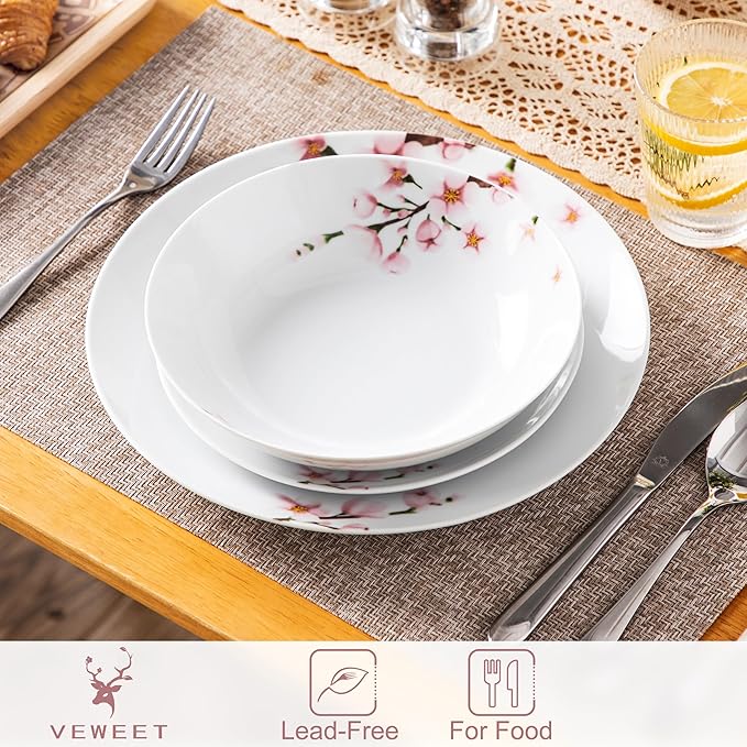 VEWEET 18 Pieces Dinnerware Sets for 6, Porcelain Plates and Bowls Set with Pink Floral, Classic Dishes Set Dining Ware for Dinner, Microwave and Dishwasher Safe, Series ANNIE