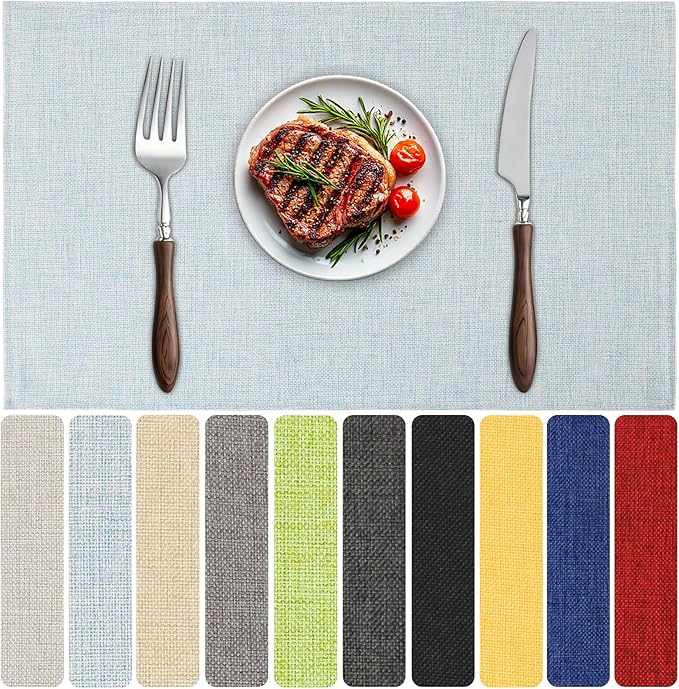 Blue Forest Placemats Set of 4, Dual-Layered Thickened Faux Linen Table Mats Heat Resistant Machine Washable Wrinkle Free Place Mats for Kitchen Dining Outdoor/Indoor (Sky Blue)