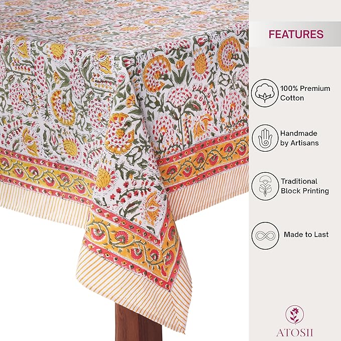 ATOSII Clover Yellow 100% Cotton Rectangle Fall Tablecloth, Handblock Floral Print Linen Table Cloth for Kitchen Dining I Parties, Weddings, Outdoors, Christmas, Thanksgiving Decor 60 X 108 Inches