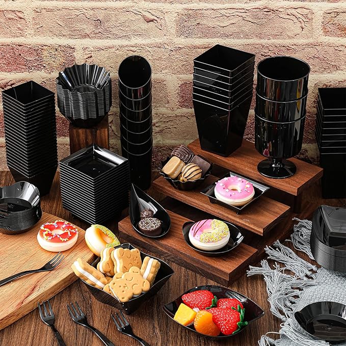 Tessco for you 1600 Pcs Mini Appetizer Plates Dessert Cups with Spoons Forks Set Assorted Shape Plastic Parfait Cups Dessert Plates Container Bowls with Disposable Spoon Fork for Party(Black)