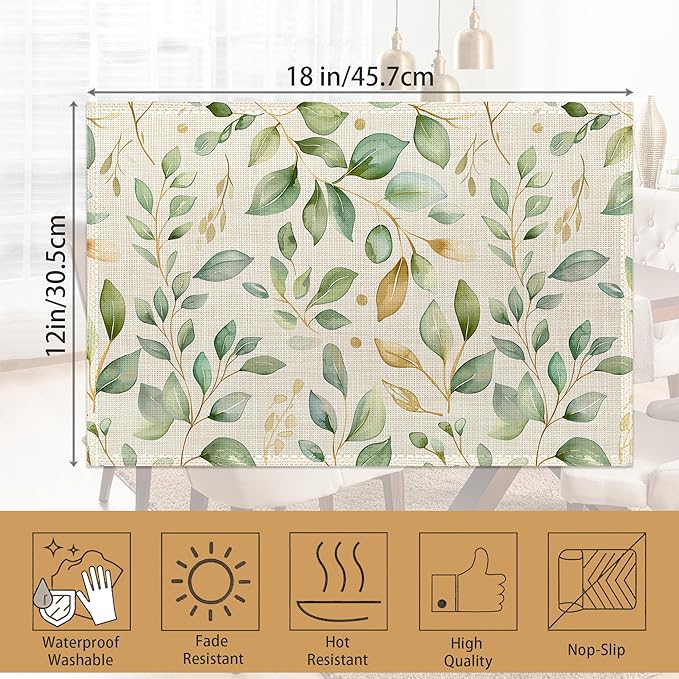 Placemats12x18 Inch,Eucalyptus Leaves Placemats,Sage Green Leaf Kitchen Dining Coffee Table Mats Set of 6 for Home Indoor Outdoor Party