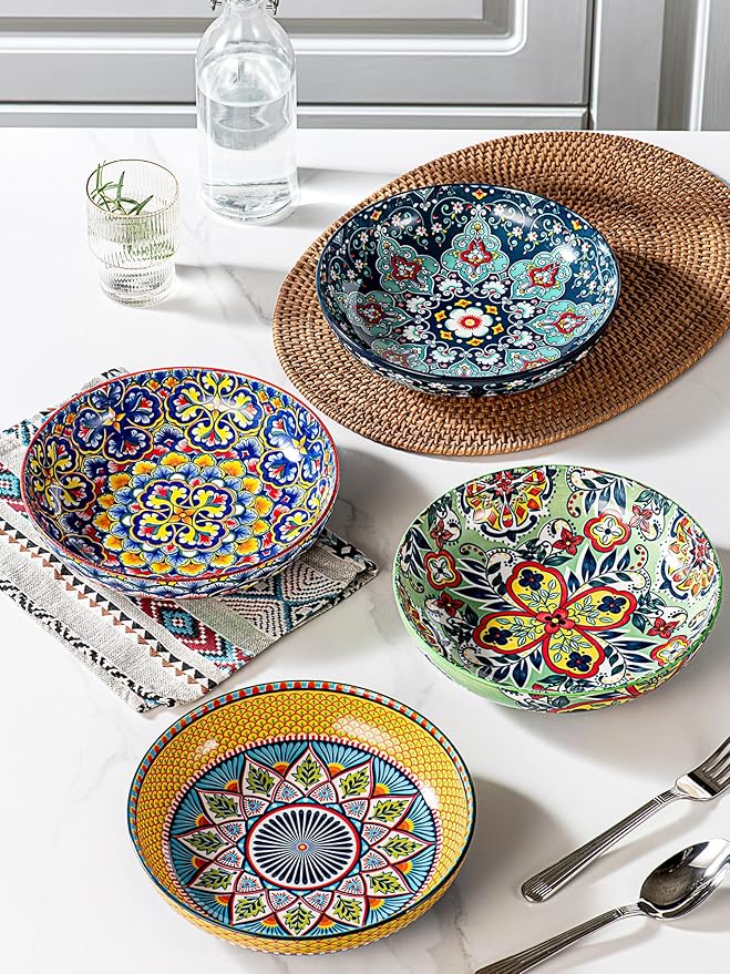 HENXFEN LEAD 33 oz Ceramic Pasta Bowls Set of 4, 8 Inch Wide & Shallow Bowls – Colorful Serving Bowls for Salad, Soup, Pasta, Microwave & Dishwasher Safe