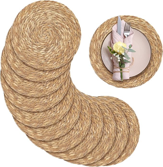 Aneco 12 Pack 13.8-Inch Round Woven Placemats Natural Hand-Woven Boho Rattan Wicker Bulrush Placemat Farmhouse Rustic Braided Table Mats for Dining & Kitchen Decor
