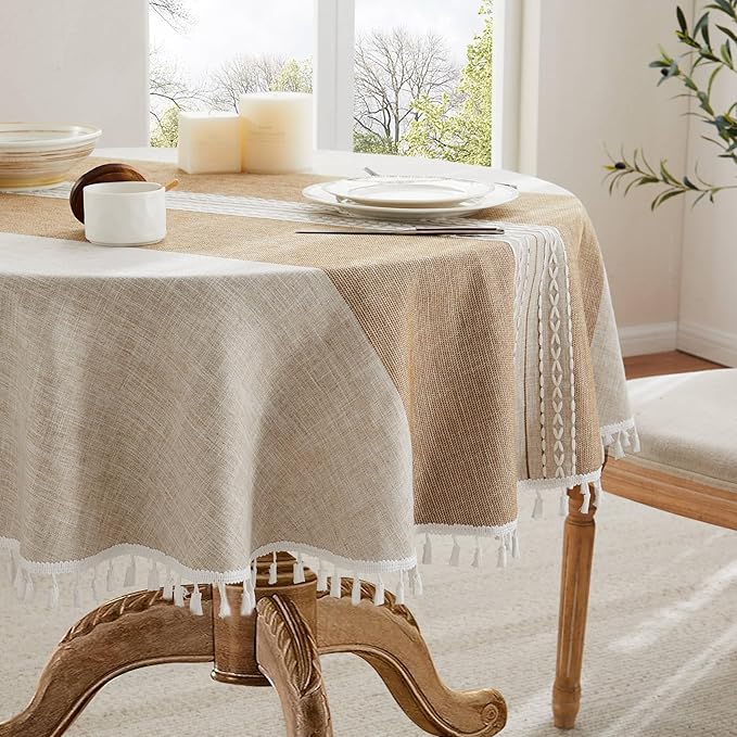 ZeeMart Contrast Linen Round Tablecloth 52 Inch Mid-Stripe Brown, Farmhouse Style Round Table Cloth Heavy Weight Beige Tablecloths, Water Resistant Burlap Table Cloths