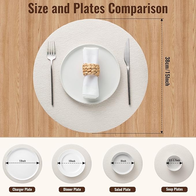 Jovono 15" Faux Leather Big Round Placemats Set of 6 - Washable Heat Resistant Non-Slip Dining Table Mats with Fabric Texture for Kitchen Home Party Decor, White
