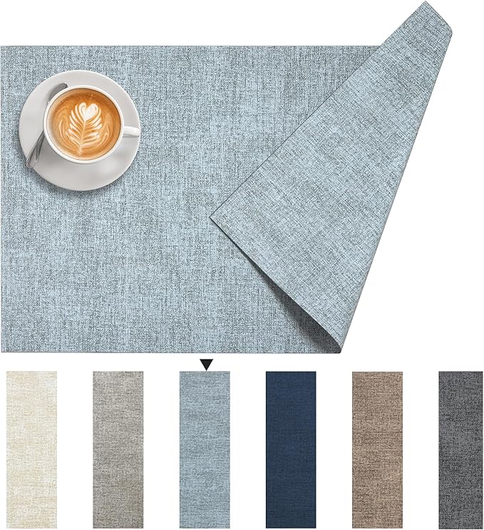 DOLOPL Placemats Set of 6, Reversible Wipeable & Heat Resistant Place Mats, Modern Faux Leather Table Mats for Kitchen, Neutral Waterproof Tablemats for Dining Table Decor, Wedding, Party(Dusty Blue)