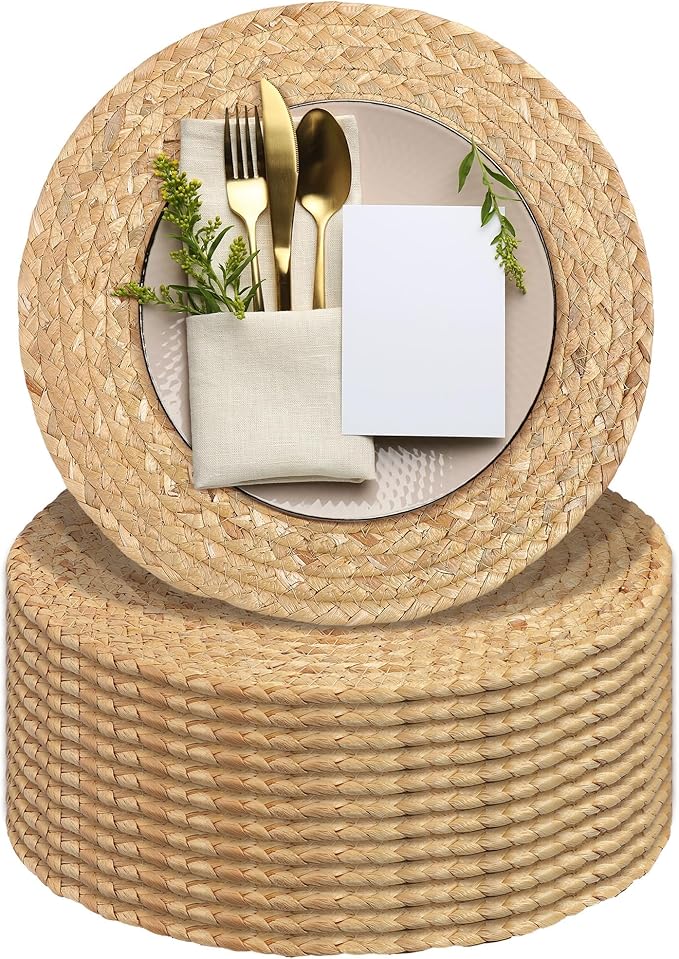 Kochorie Set of 12 Round Woven Placemats 12-Inch Natural Water Hyacinth Plant Placemats Hand-Woven Boho Rattan Placemat Wicker Weave Table Mats for Home Dinner Plates Holiday Supplies