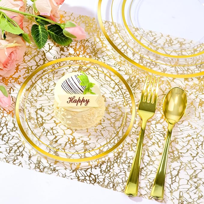 100 PCS Clear Gold Plastic Plates, Disposable Party Plates Include 50 Dinner Plate and 50 Dessert Plate Perfect for Holiday, Birthday, Wedding & Party