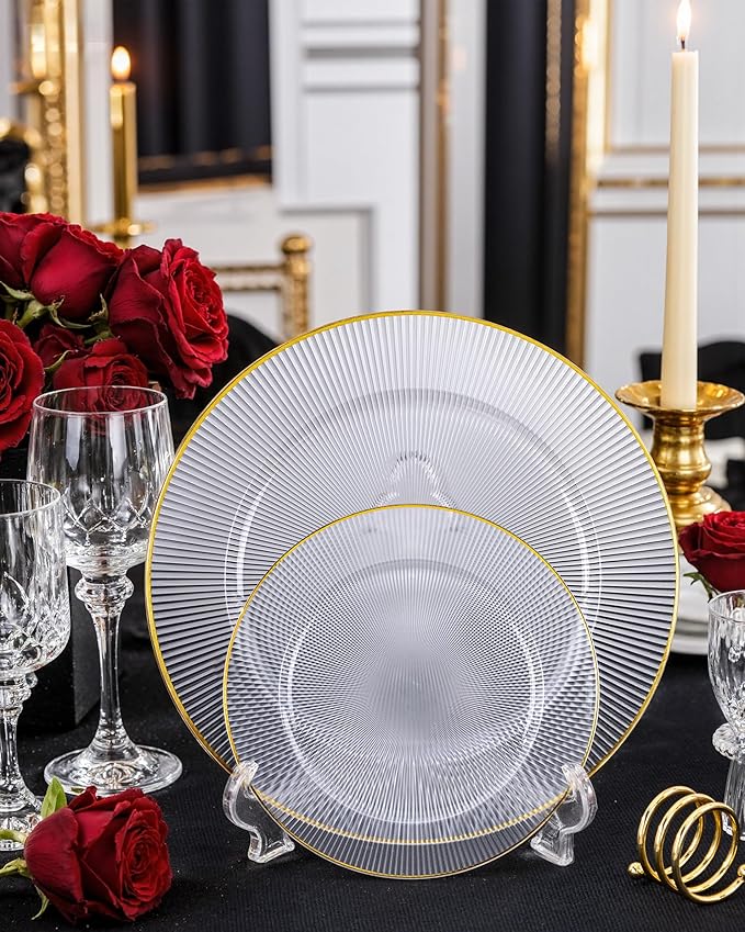 Hioasis 60pcs Clear Gold Plastic Plates - Gold Disposable Dinnerware Set, 30pcs Dinner 10.25in & 30pcs dessert 7.5in plates with striped designs for party & wedding