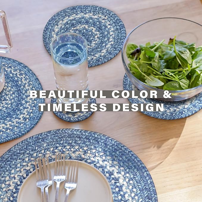 Homespice Denim Jute Braided Trivets for Table, Country Coastal Decor, Set of 3, Blue 8" Round Heat Resistant Mat - Rich Colors, Easy to Clean, Durable and Protects Furniture