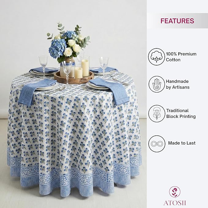 ATOSII Gulbahar Blue 100% Cotton Fall Round Tablecloth, Handblock Print Floral Table Cloth for Kitchen Dining Linen I Thanksgiving, Christmas, Weddings, Outdoors, Parties I 60" Inches I 4 Seater Table