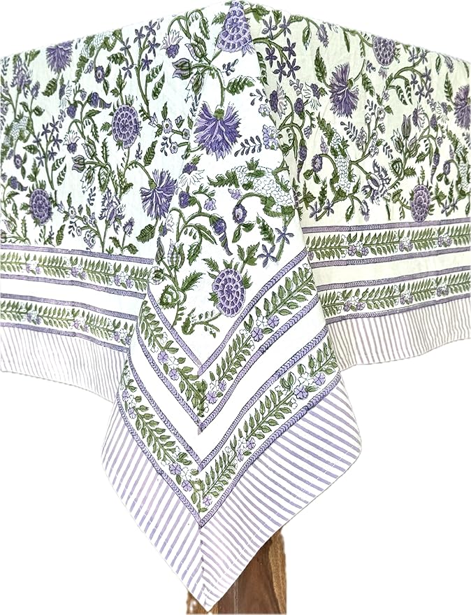 ATOSII Mahoka 100% Cotton Rectangle Fall Tablecloth, Handblock Floral Linen Table Cloth for Kitchen Dining Table I Parties Wedding Outdoors Holidays I Fall Home Decor 60 X 90 Inches I 6 Seater