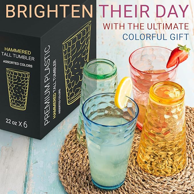 Hammered Plastic Drinking Tumbler, Dishwasher-Safe Premium Quality Water Glasses, BPA-Free Reusable Mixed Colors Assorted Stackable Cups, 22 oz Set of 6