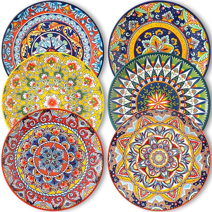 6-piece Bohemian plates, 8-inch main course plates, suitable for serving beef, lamb chops, turkey, and various main dishes; safe for microwave, oven, and dishwasher use