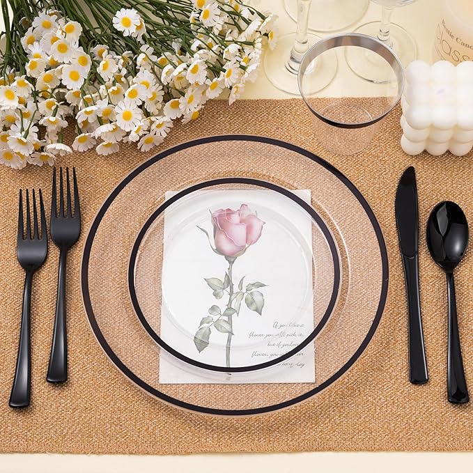 BESTSTAR 200PCS Black and Clear Plastic Plate, Black Disposable Plate Set with 100 Dinner Halloween Plates and 100 Dessert Plates for Party