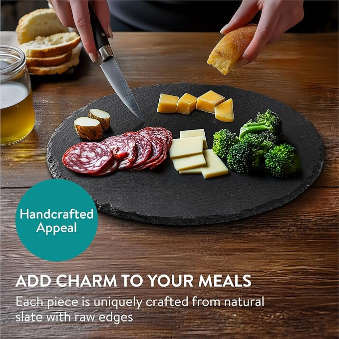 Navaris Slate Plates - Food Contact Safe Black Stone - Cheese Platter Serving Charcuterie Boards - Round Slate Tray Slab Plate Cheese Board - Set of 4 11" Plates (28 cm)