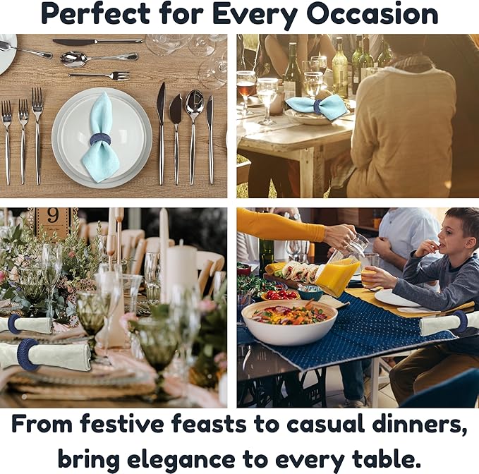 CLEENTABLE Rustic Napkin Rings Set of 12 - Rayon Napkin Holders for Table Decor, Weddings, Dinner Parties & Everyday Dining - Farmhouse Boho Napkin Rings (Blue)