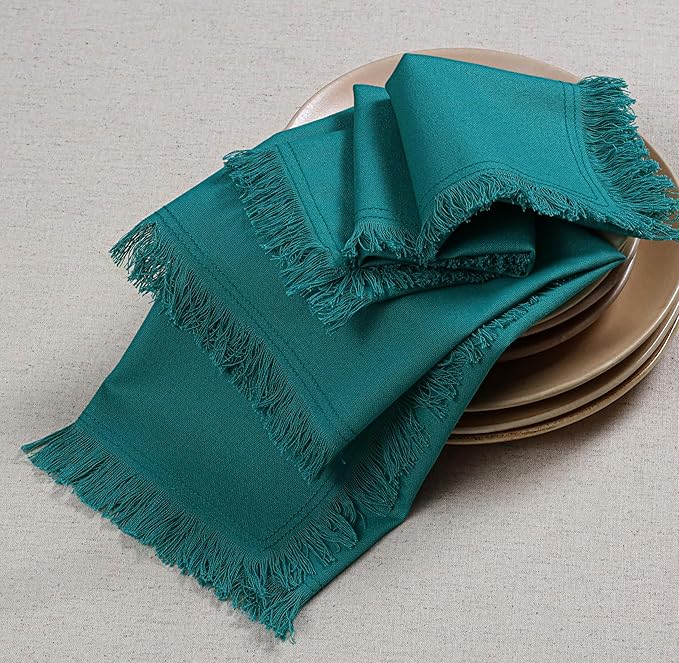 Bedding Craft Cotton Cloth Dinner Napkins Set of 12 – 18x18 Teal with Frayed Selvedge Edges – Machine Washable Reusable Fabric Napkins for Weddings, Baby Showers, Parties & Table Décor